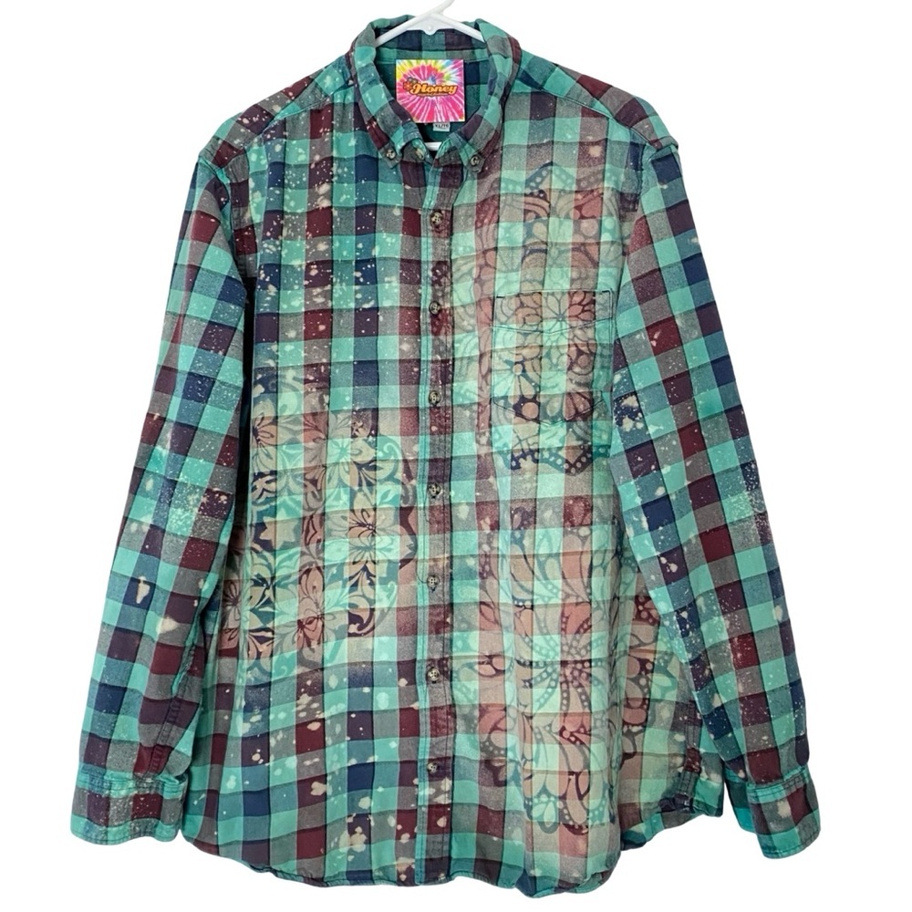 Handmade Floral Flannel Shirt Men Size XL Green Tie Dye Plaid Button Down Unisex